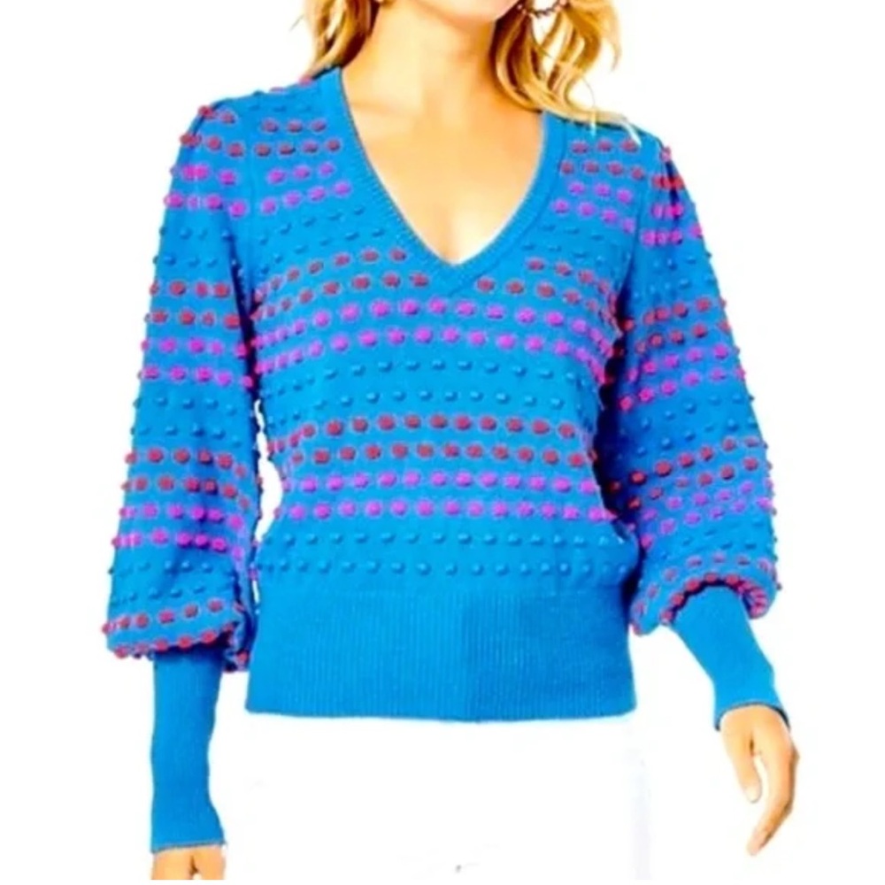 Lilly Pulitzer Blue and Pink V-Neck Sweater with Puff Sleeves